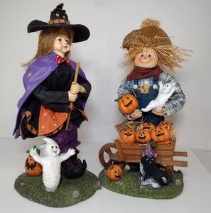 Halloween Witch and Scarecrow Figurines 13" Fabric, Mache